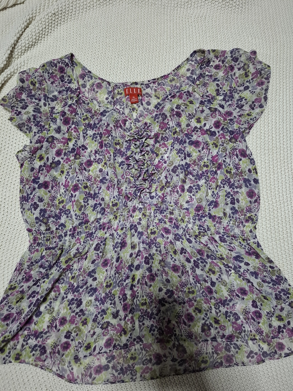 ELLE Purple & Green Floral Ruffle-Front Blouse